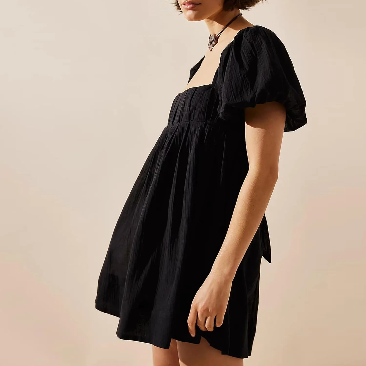 Square Neck Babydoll Mini Dress for Women Puff Sleeve Casual A Line Short Dress Backless Flowy Beach Sundress