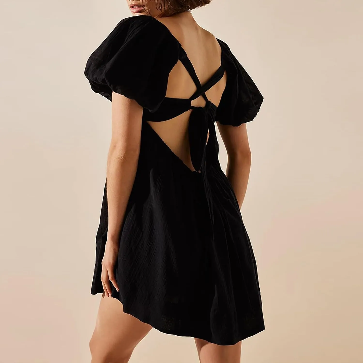 Square Neck Babydoll Mini Dress for Women Puff Sleeve Casual A Line Short Dress Backless Flowy Beach Sundress