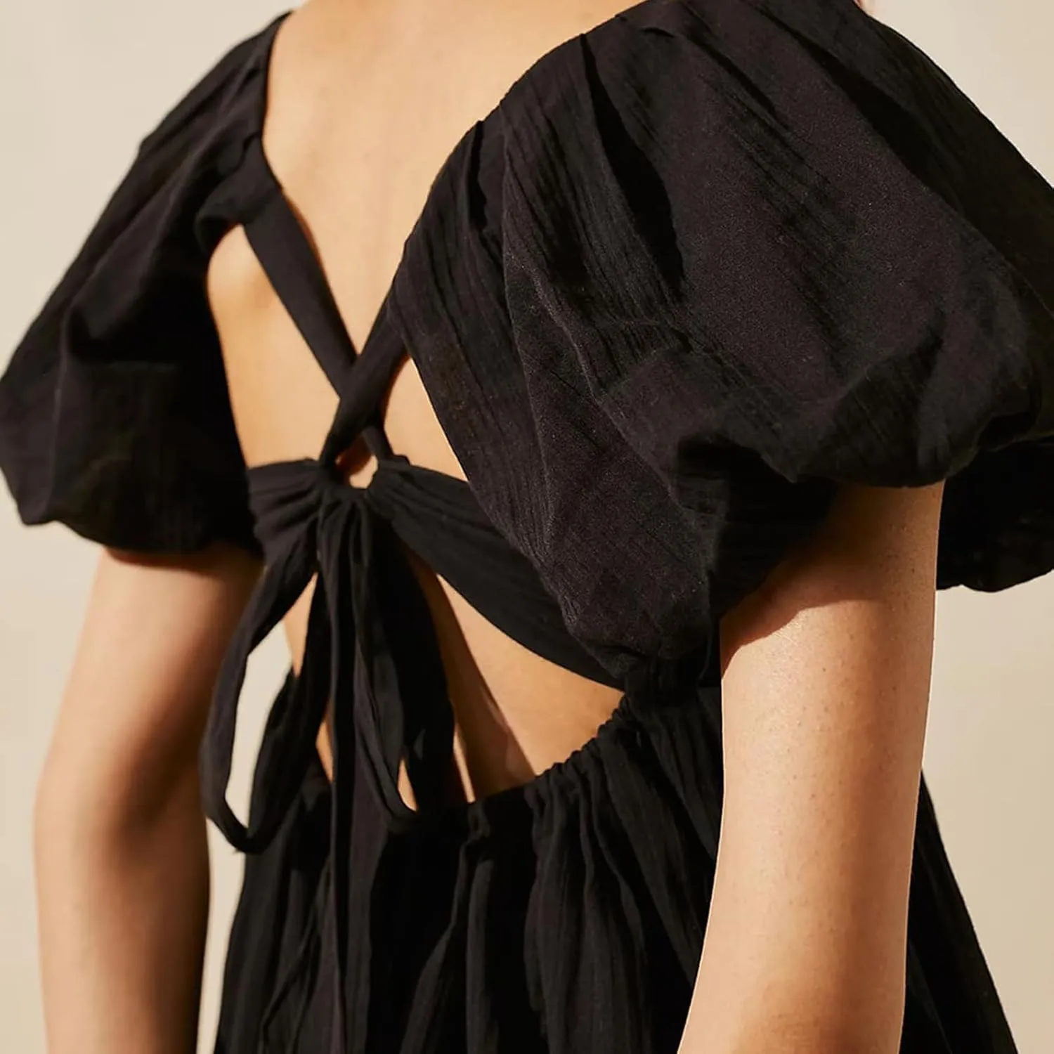 Square Neck Babydoll Mini Dress for Women Puff Sleeve Casual A Line Short Dress Backless Flowy Beach Sundress