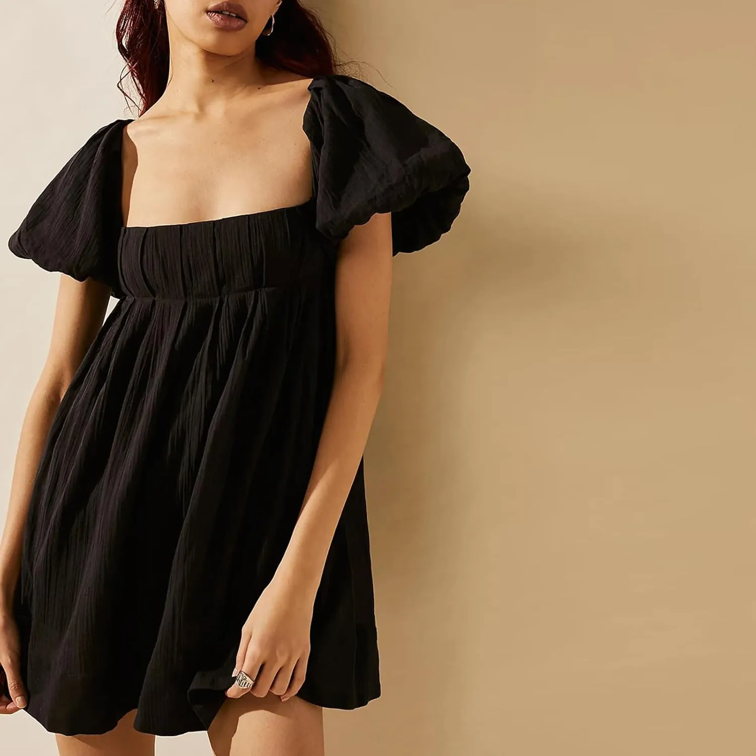 Square Neck Babydoll Mini Dress for Women Puff Sleeve Casual A Line Short Dress Backless Flowy Beach Sundress