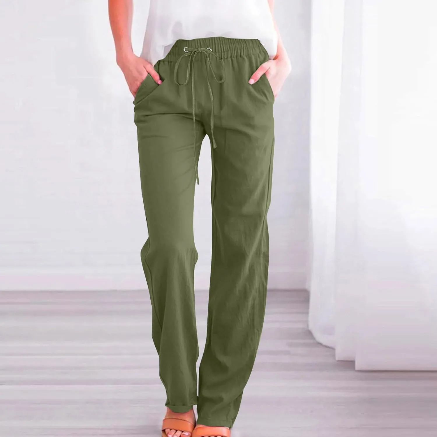 Straight Leg Pants for Women Summer Cotton Linen Drawstring Trousers Casual Loose Fit Comfy Slacks with Pockets
