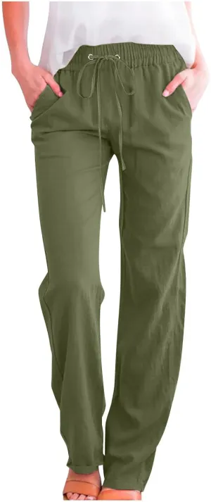 Straight Leg Pants for Women Summer Cotton Linen Drawstring Trousers Casual Loose Fit Comfy Slacks with Pockets