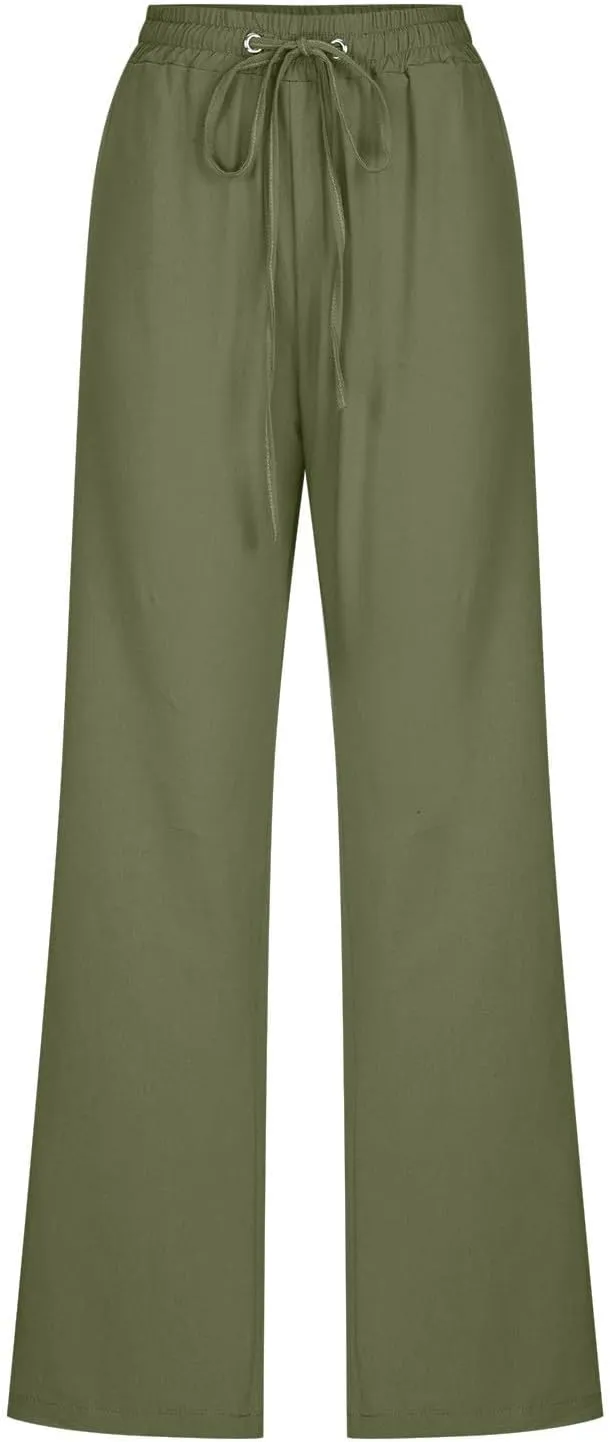 Straight Leg Pants for Women Summer Cotton Linen Drawstring Trousers Casual Loose Fit Comfy Slacks with Pockets