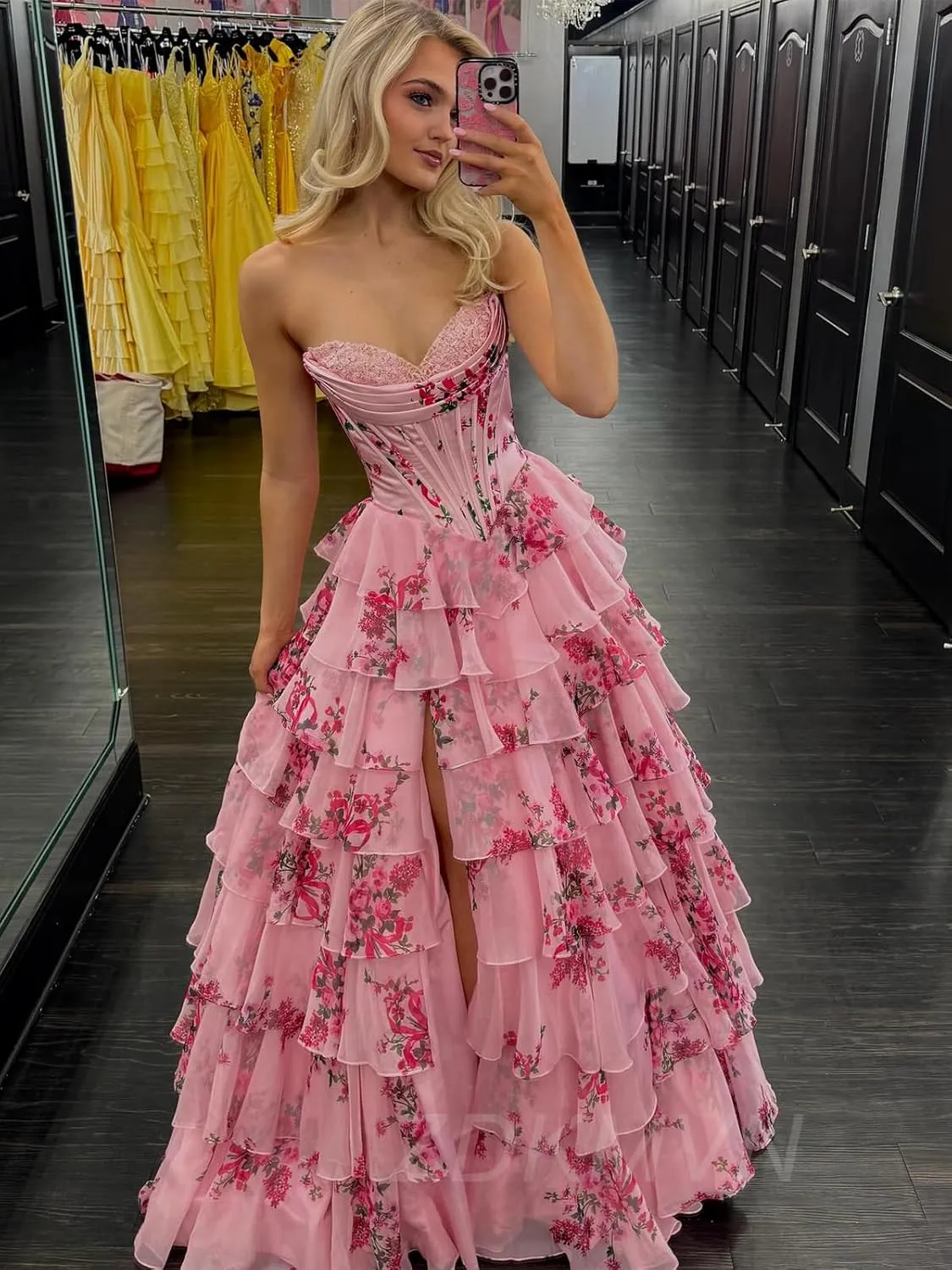 Strapless Corset Floral Prom Dresses for Women 2025 Chiffon Tiered Formal Evening Gown with Slit LU117