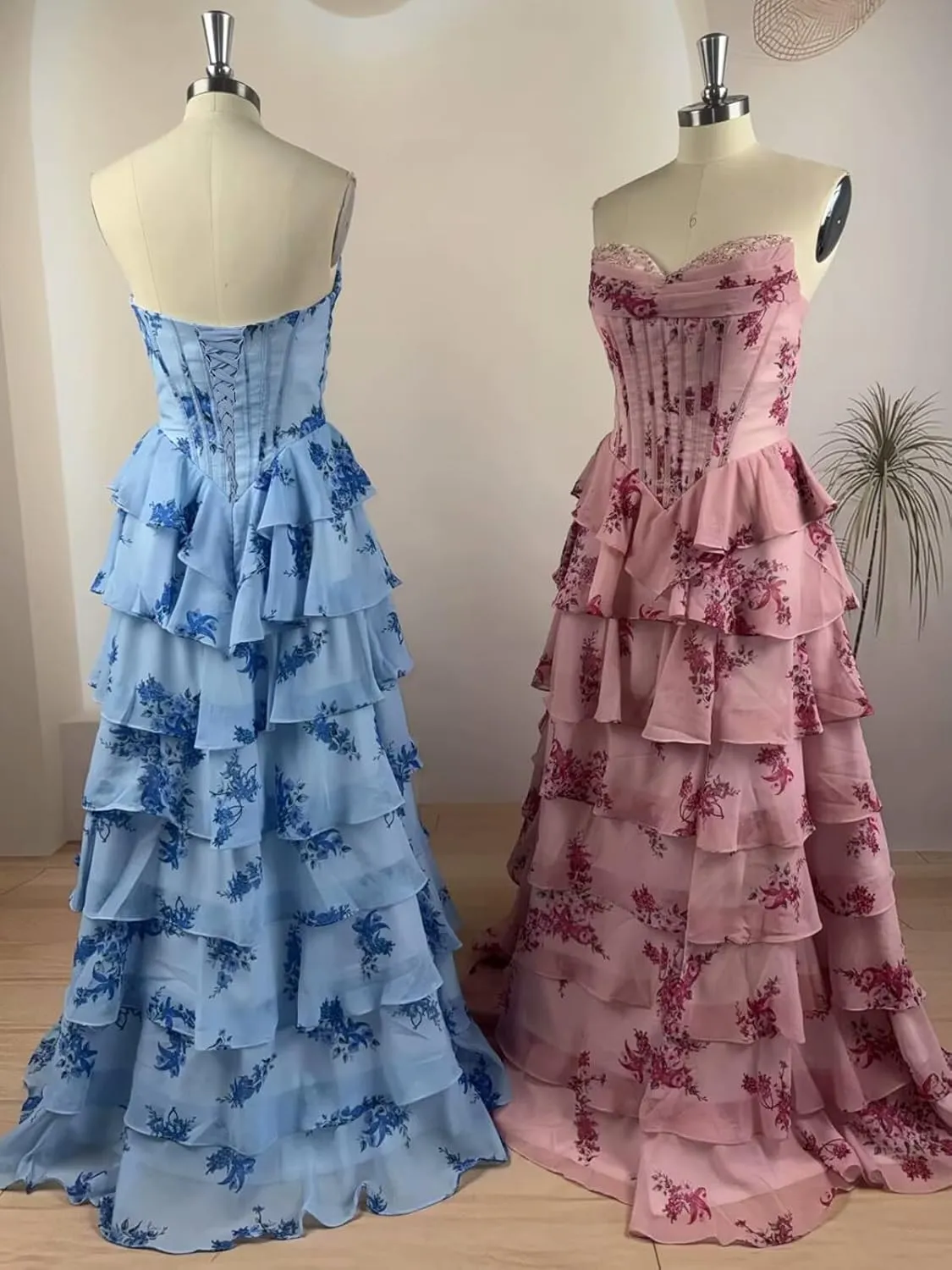 Strapless Corset Floral Prom Dresses for Women 2025 Chiffon Tiered Formal Evening Gown with Slit LU117