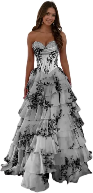 Strapless Corset Floral Prom Dresses for Women 2025 Chiffon Tiered Formal Evening Gown with Slit LU117