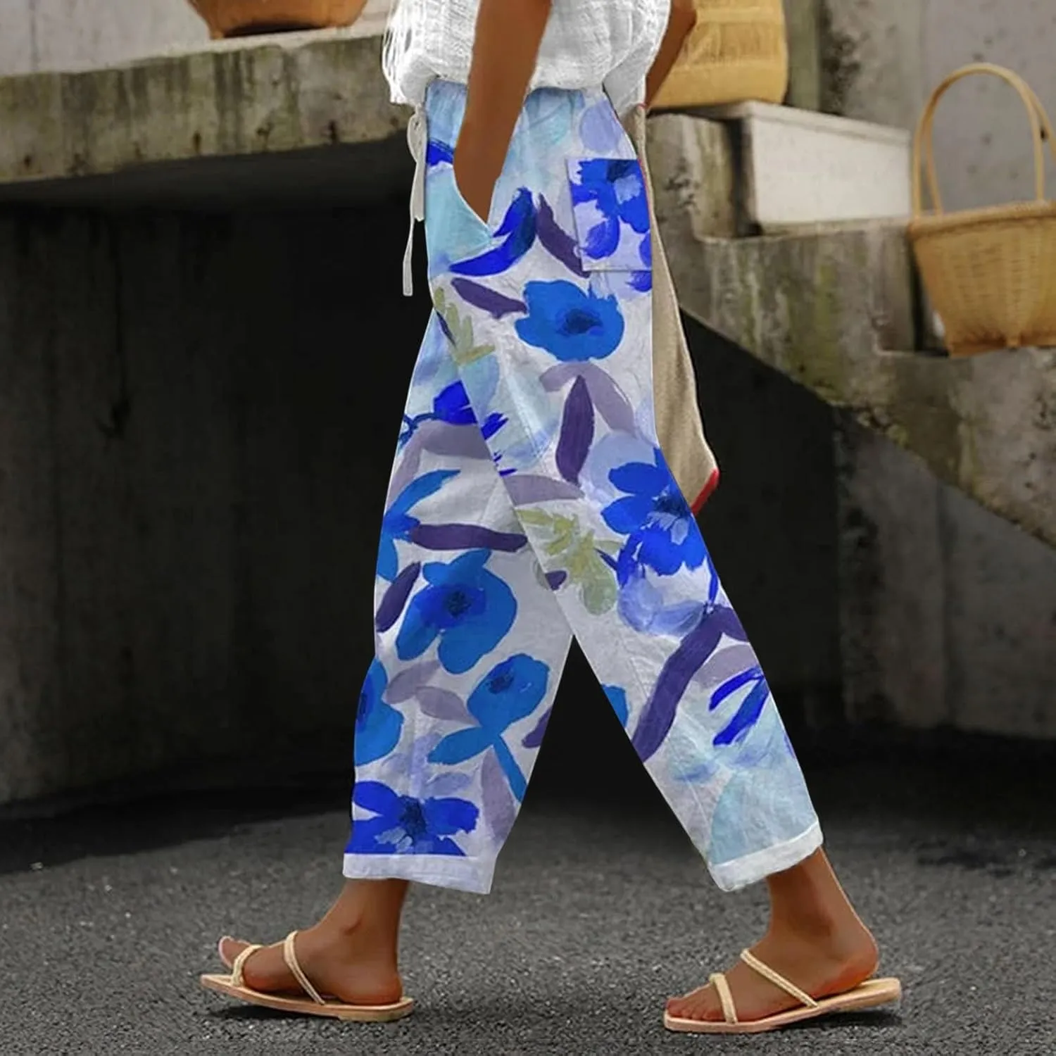 Striped Linen Capris Women Casual Drawstring Pants Linen Pants Women Capri Linen Pants Women Capri Linen