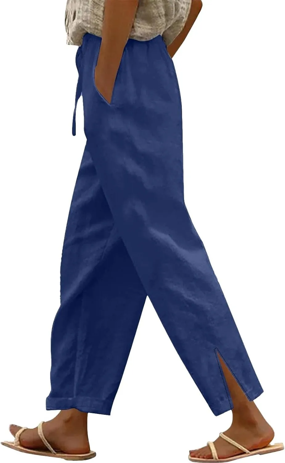 Striped Linen Pants for Women Cropped Trim Elastic Waist Capris Lightweight Summer Beach Trousers with Pockets