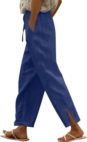 Striped Linen Pants for Women Cropped Trim Elastic Waist Capris Lightweight Summer Beach Trousers with Pockets