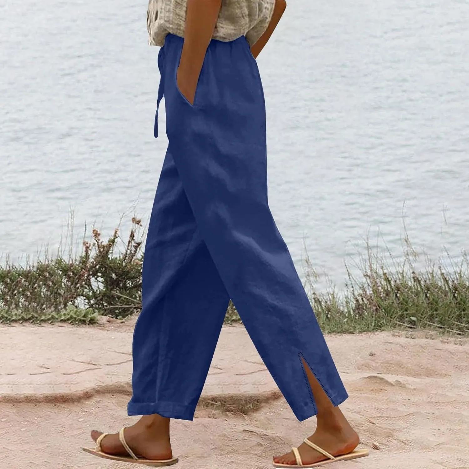 Striped Linen Pants for Women Cropped Trim Elastic Waist Capris Lightweight Summer Beach Trousers with Pockets