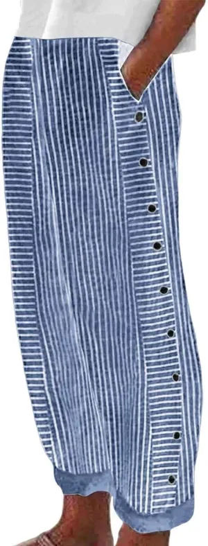 Striped Linen Pants for Women Wide Straight Leg Side Button Pants Womens 2025 Baggy Elastic Waist Pants