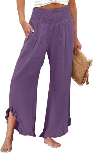 Summer 2025 Trendy Pants for Women Casual Drawstring Elastic High Waist Linen Pant Straight Wide Leg Cropped Trousers
