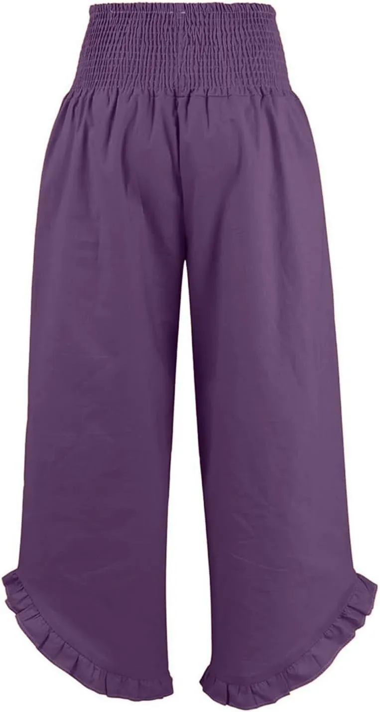 Summer 2025 Trendy Pants for Women Casual Drawstring Elastic High Waist Linen Pant Straight Wide Leg Cropped Trousers