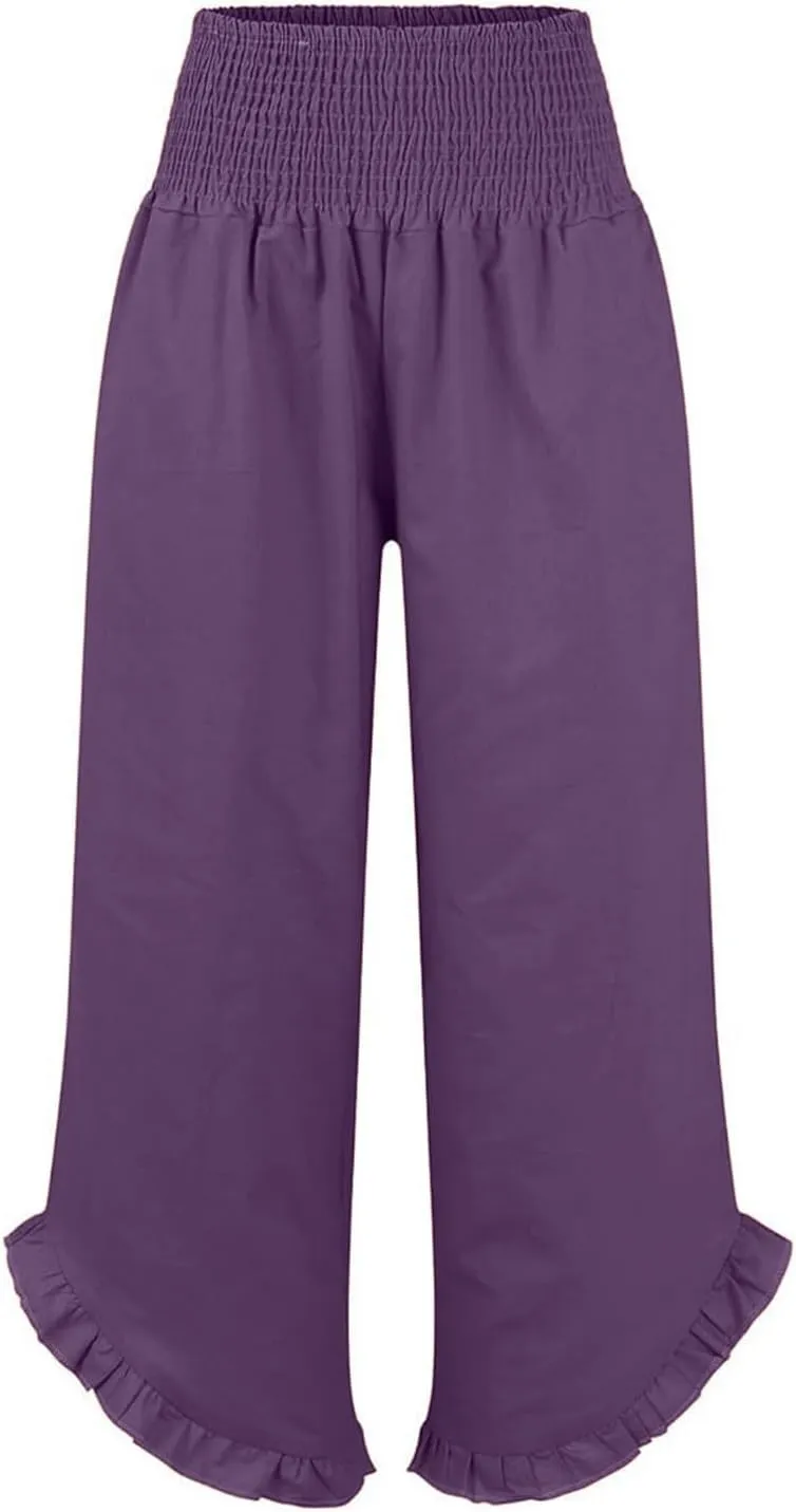 Summer 2025 Trendy Pants for Women Casual Drawstring Elastic High Waist Linen Pant Straight Wide Leg Cropped Trousers