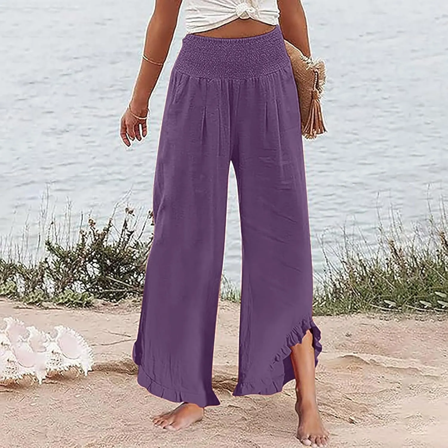 Summer 2025 Trendy Pants for Women Casual Drawstring Elastic High Waist Linen Pant Straight Wide Leg Cropped Trousers
