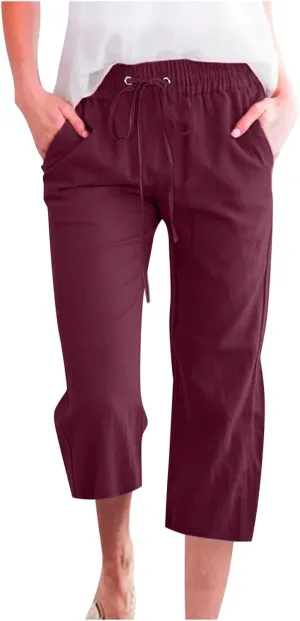 Summer Capri Pants for Women 2025 Drawstring Elastic Trousers Comfy Straight Leg Long Linen Lounge Beach Summer