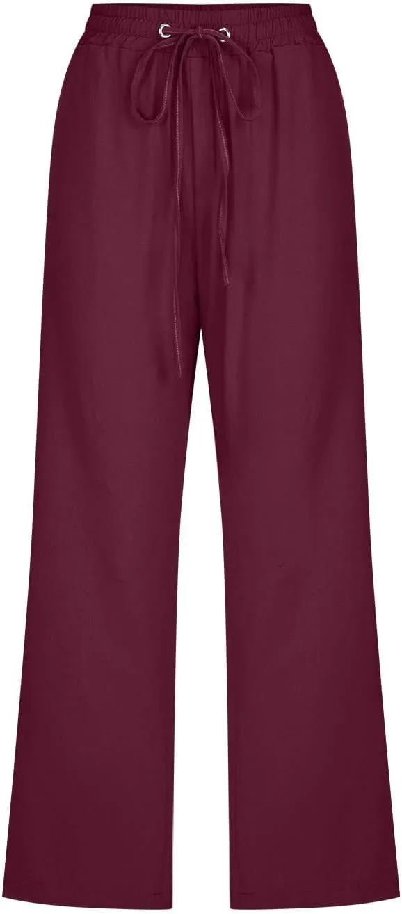 Summer Capri Pants for Women 2025 Drawstring Elastic Trousers Comfy Straight Leg Long Linen Lounge Beach Summer
