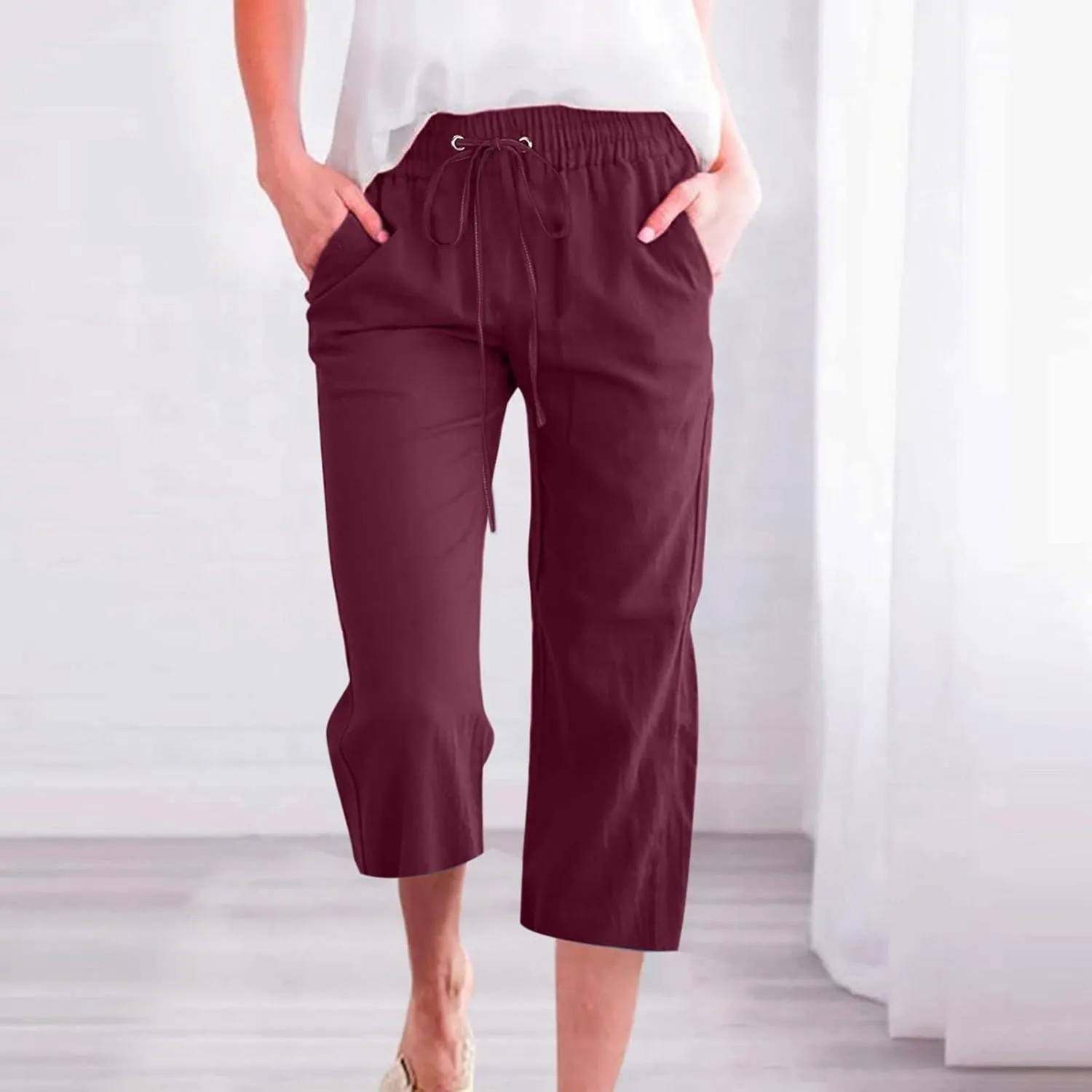 Summer Capri Pants for Women 2025 Drawstring Elastic Trousers Comfy Straight Leg Long Linen Lounge Beach Summer