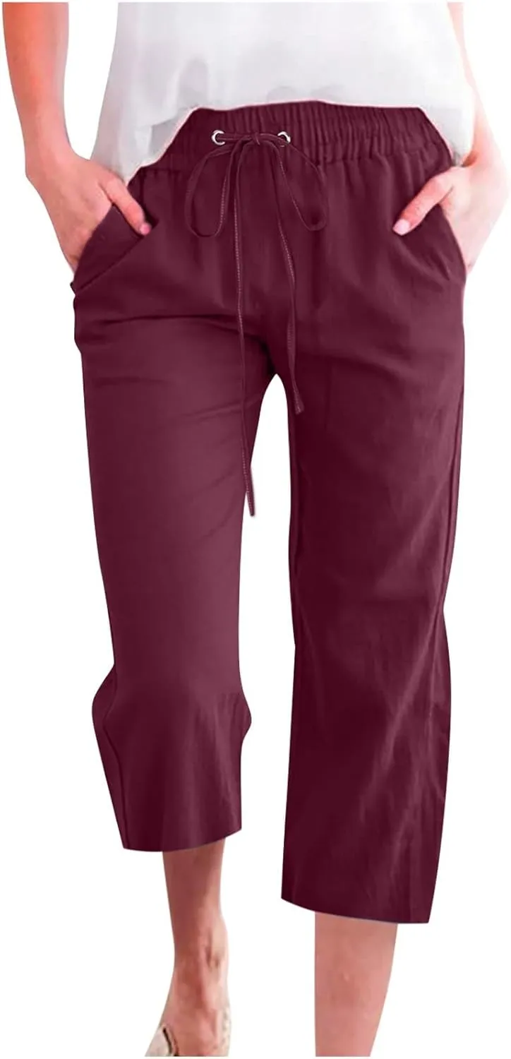Summer Capri Pants for Women 2025 Drawstring Elastic Trousers Comfy Straight Leg Long Linen Lounge Beach Summer
