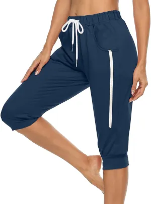Summer Capri Pants for Women Casual Athletic Drawstring Sweatpant Elastic High Waist Pant Stretchy Cropped Trouser