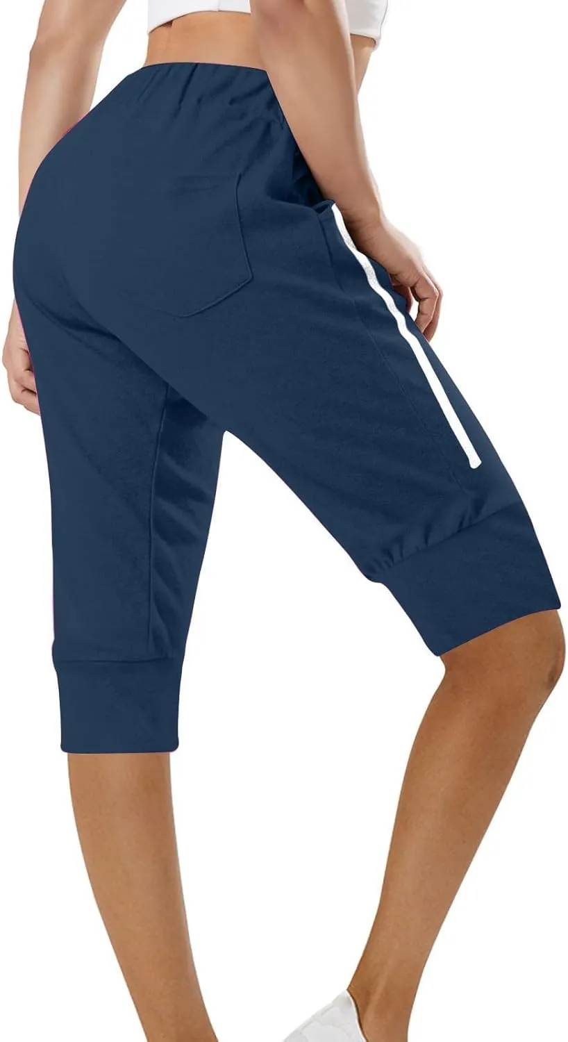 Summer Capri Pants for Women Casual Athletic Drawstring Sweatpant Elastic High Waist Pant Stretchy Cropped Trouser