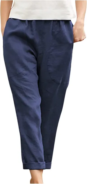 Summer Casual Cotton Linen Pants for Women Elastic Waist Loose Straight Leg Trousers Holiday Vacation Beach Pants