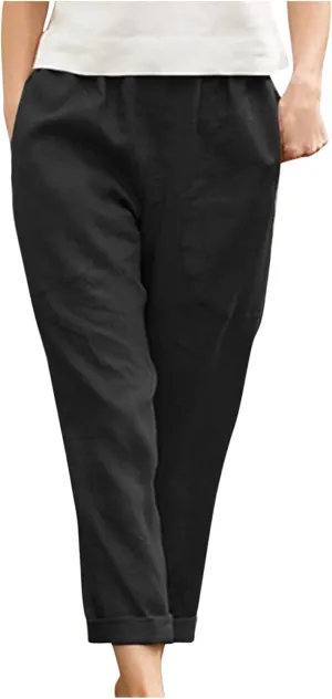 Summer Casual Cotton Linen Pants for Women Elastic Waist Loose Straight Leg Trousers Holiday Vacation Beach Pants