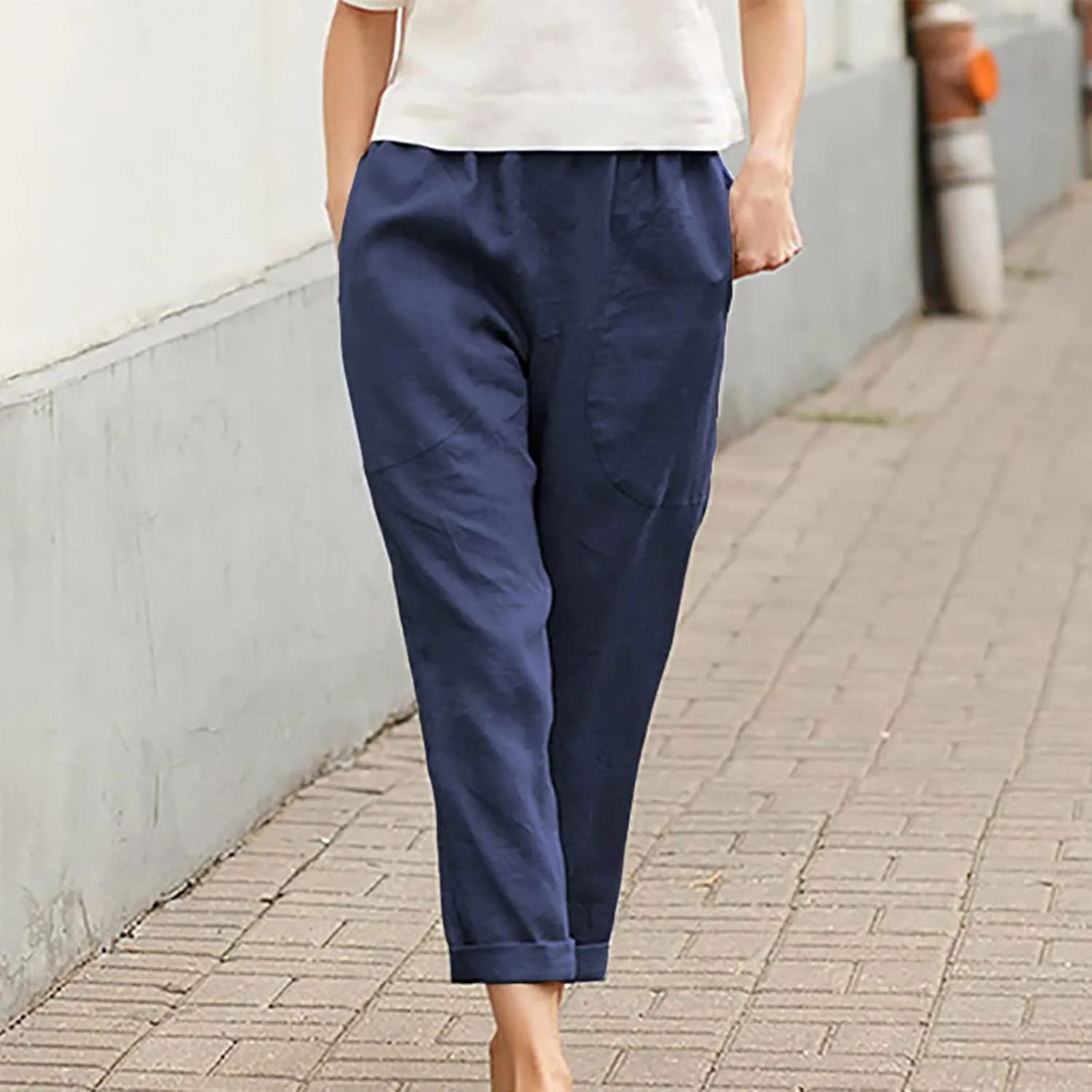 Summer Casual Cotton Linen Pants for Women Elastic Waist Loose Straight Leg Trousers Holiday Vacation Beach Pants