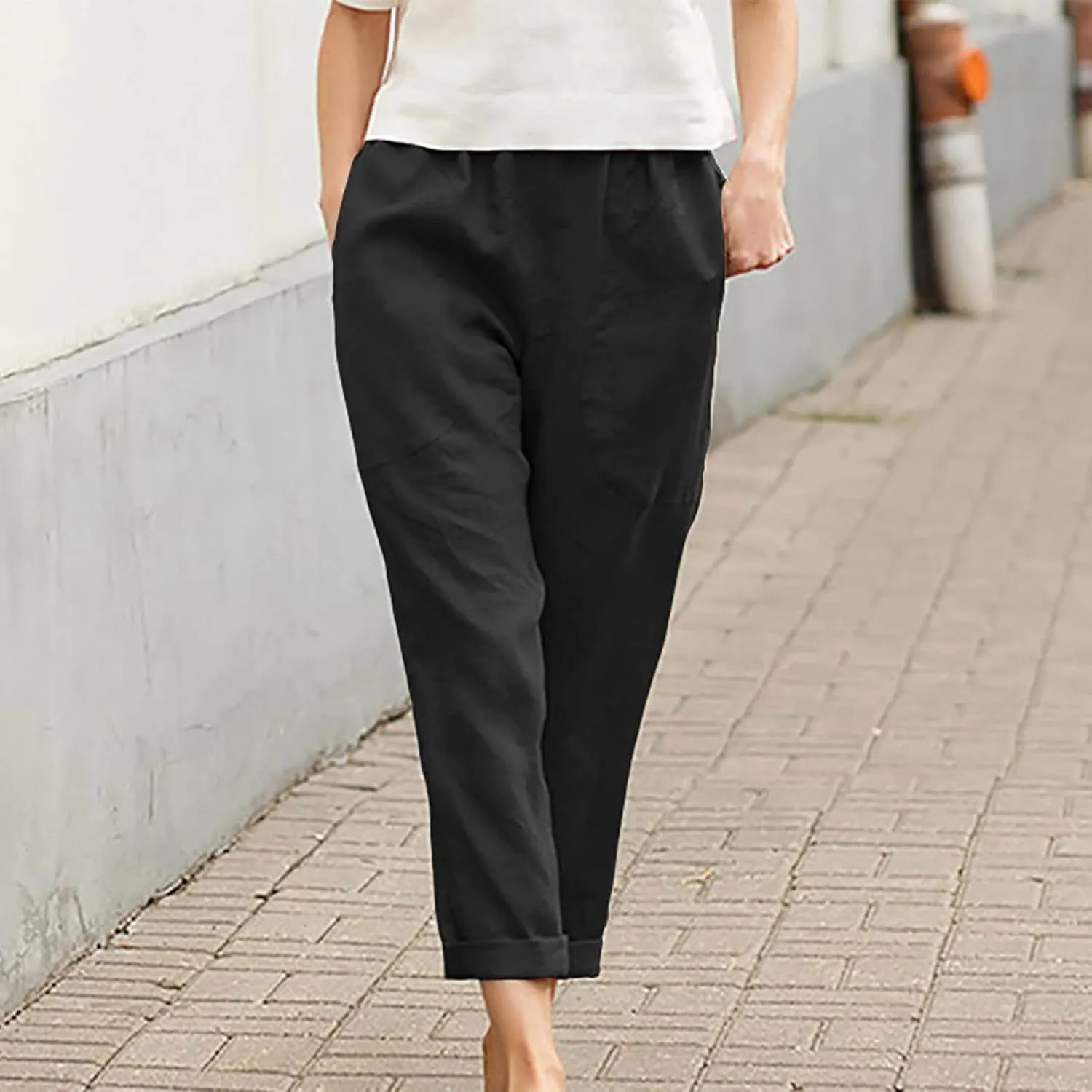 Summer Casual Cotton Linen Pants for Women Elastic Waist Loose Straight Leg Trousers Holiday Vacation Beach Pants