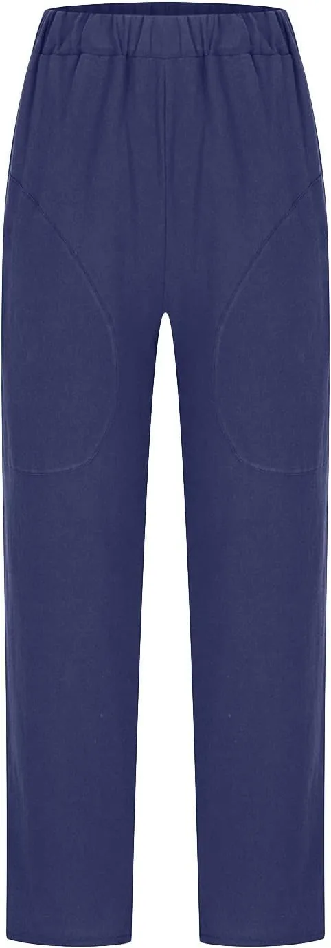 Summer Casual Cotton Linen Pants for Women Elastic Waist Loose Straight Leg Trousers Holiday Vacation Beach Pants