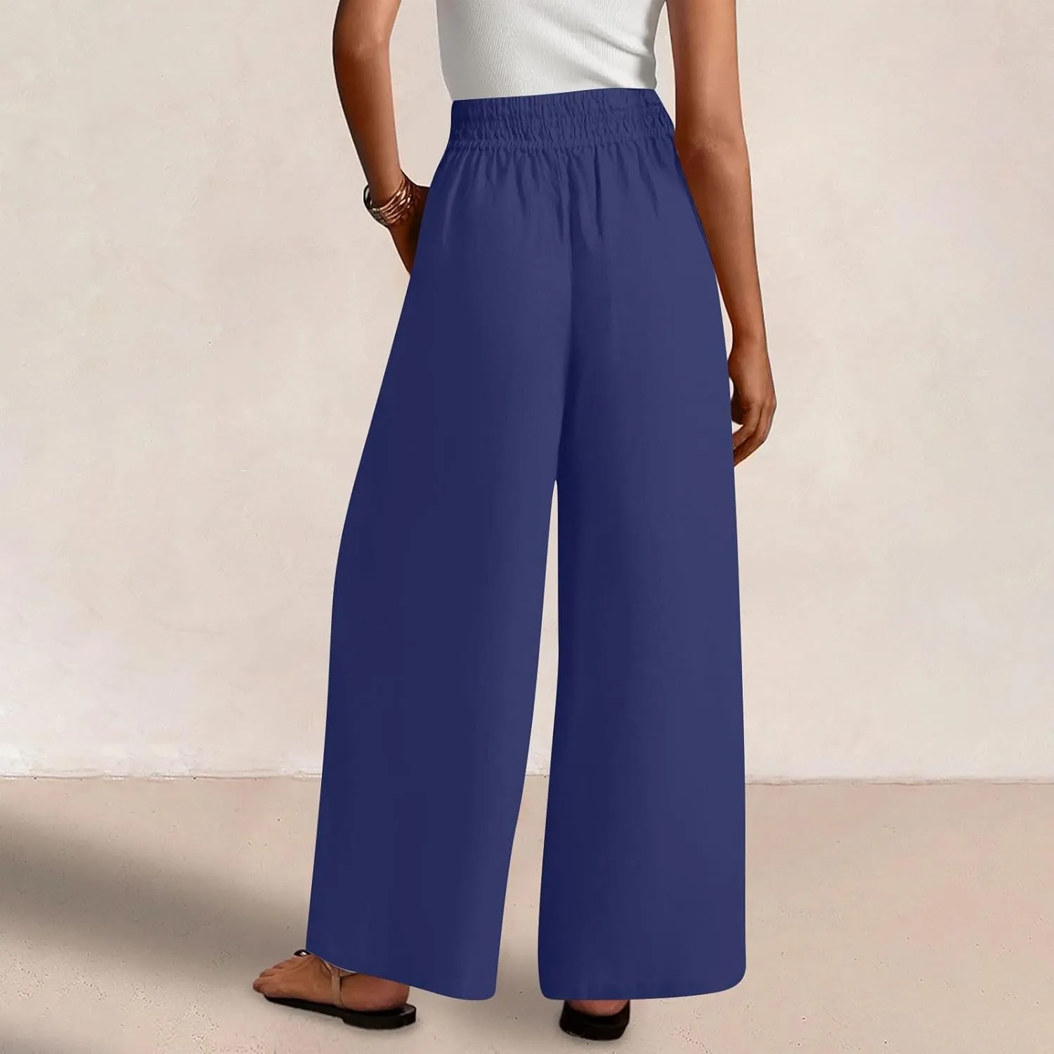 Summer Casual Loose Wide Leg Palazzo Pants for Womens Spring Linen Pants High Waist Flowy Beach Trousers Outfits