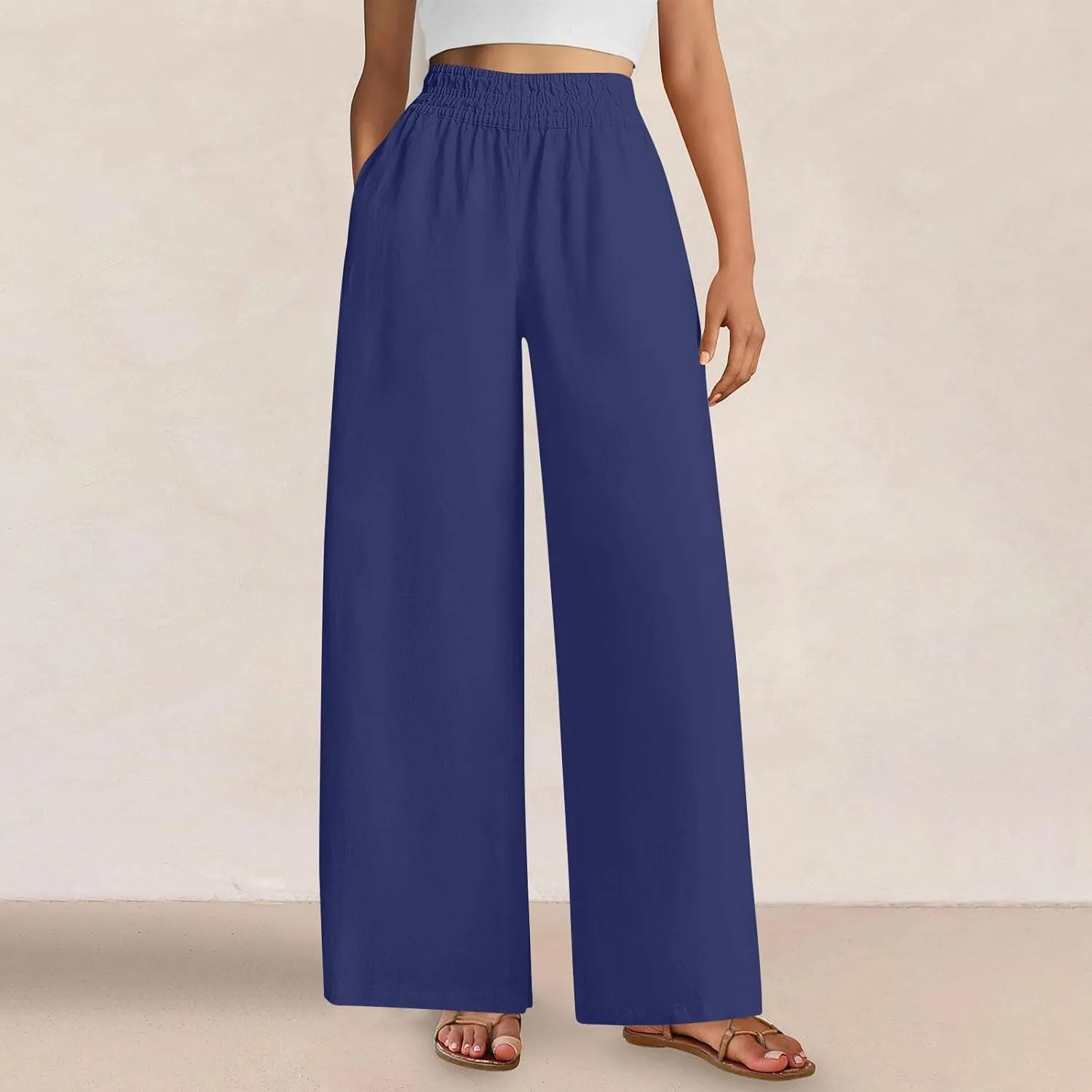 Summer Casual Loose Wide Leg Palazzo Pants for Womens Spring Linen Pants High Waist Flowy Beach Trousers Outfits