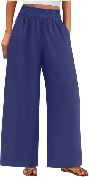 Summer Casual Loose Wide Leg Palazzo Pants for Womens Spring Linen Pants High Waist Flowy Beach Trousers Outfits