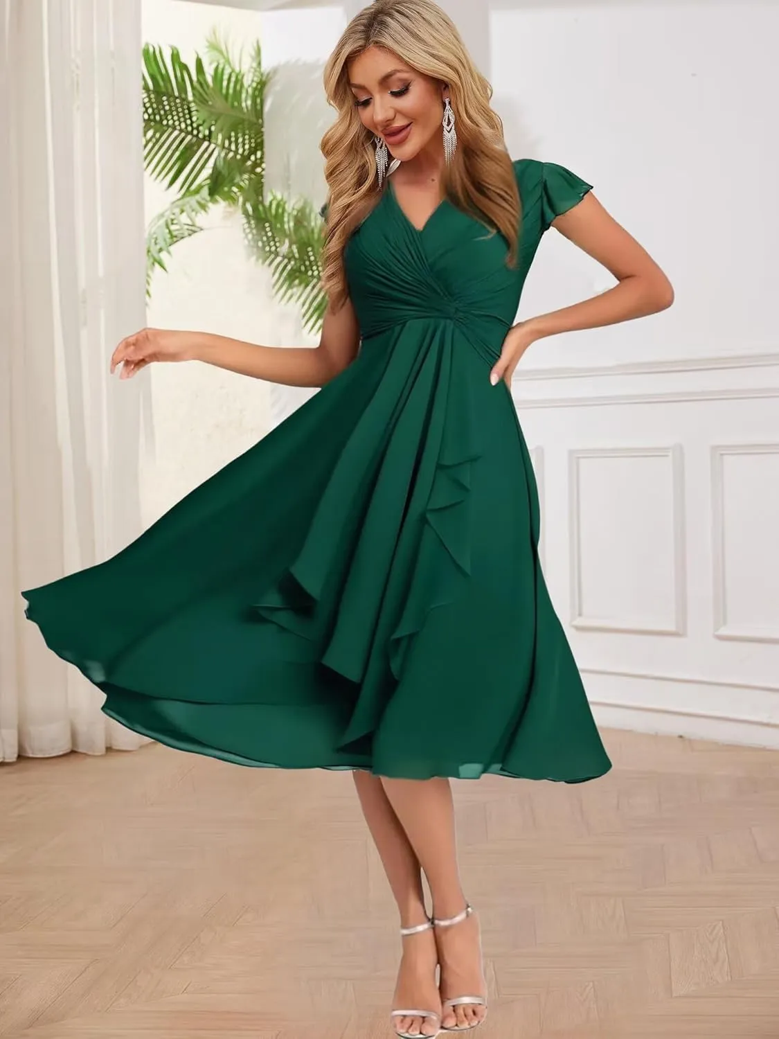 Summer Chiffon Short Bridesmaid Dresses for Women Short Sleeve V Neck Wedding Guest Dress with Ruffled MAOF030