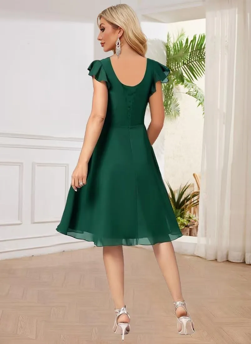Summer Chiffon Short Bridesmaid Dresses for Women Short Sleeve V Neck Wedding Guest Dress with Ruffled MAOF030