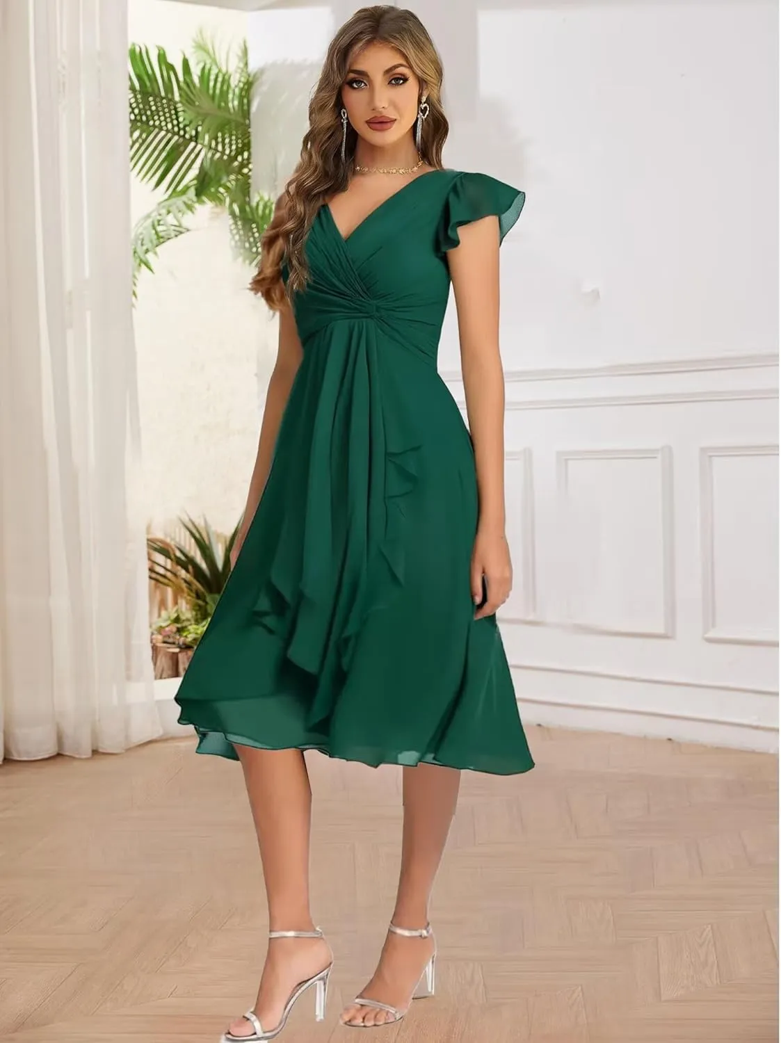 Summer Chiffon Short Bridesmaid Dresses for Women Short Sleeve V Neck Wedding Guest Dress with Ruffled MAOF030