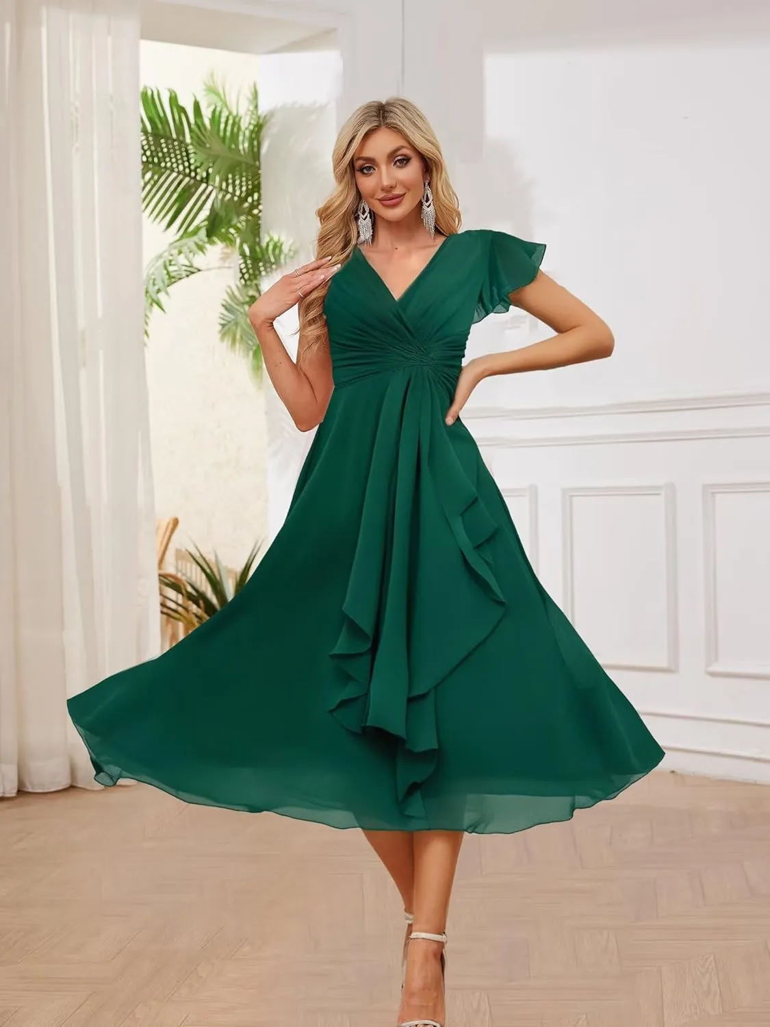 Summer Chiffon Short Bridesmaid Dresses for Women Short Sleeve V Neck Wedding Guest Dress with Ruffled MAOF030