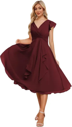 Summer Chiffon Short Bridesmaid Dresses for Women Short Sleeve V Neck Wedding Guest Dress with Ruffled MAOF030