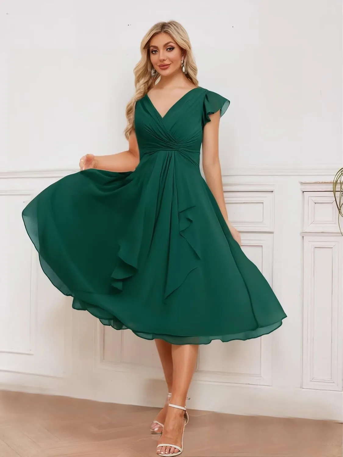 Summer Chiffon Short Bridesmaid Dresses for Women Short Sleeve V Neck Wedding Guest Dress with Ruffled MAOF030