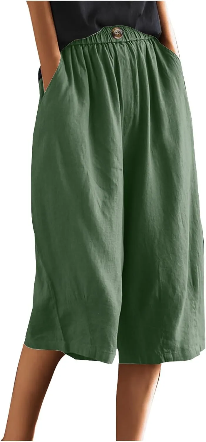 Summer Cotton Linen Capri Pant for Women, Elastic Waist Baggy Palazzo Pants Fashion Going Out Casual Home Trousers