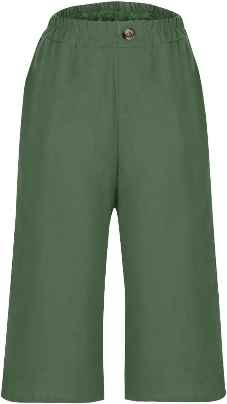 Summer Cotton Linen Capri Pant for Women, Elastic Waist Baggy Palazzo Pants Fashion Going Out Casual Home Trousers