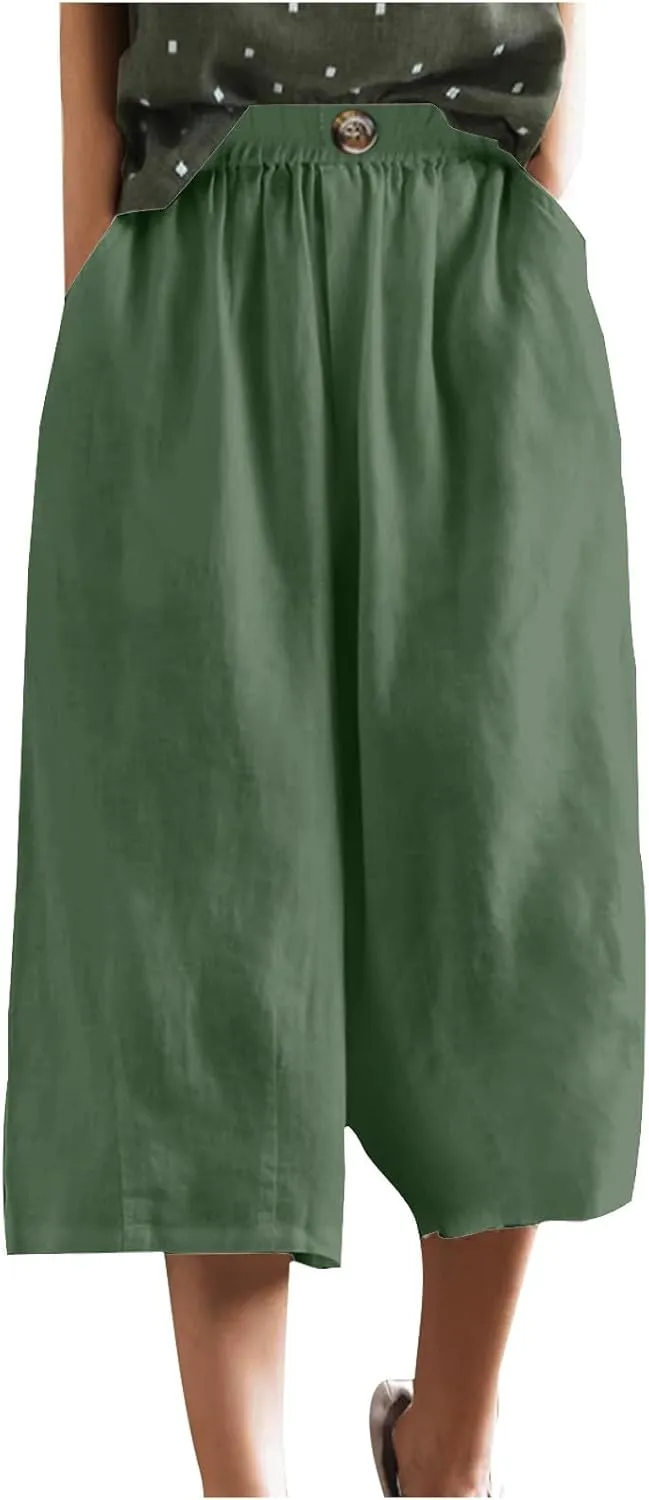 Summer Cotton Linen Capri Pant for Women, Elastic Waist Baggy Palazzo Pants Fashion Going Out Casual Home Trousers