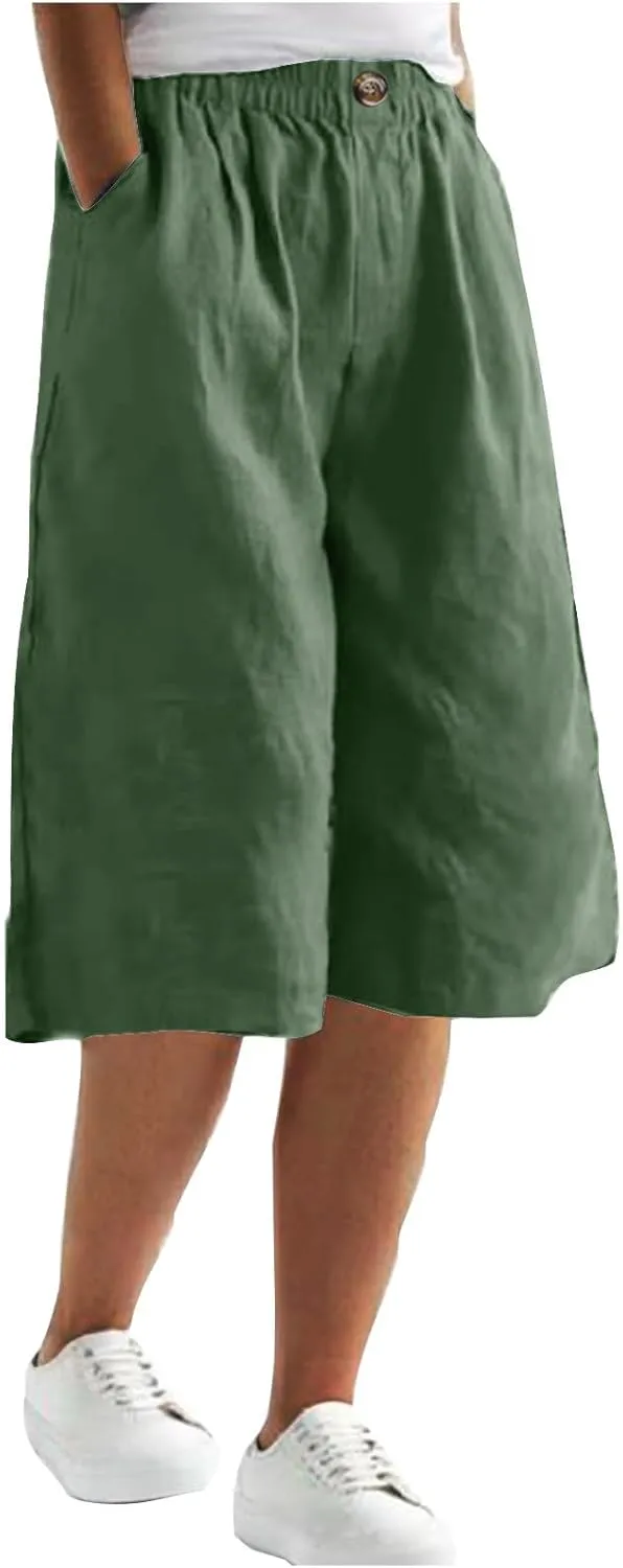 Summer Cotton Linen Capri Pant for Women, Elastic Waist Baggy Palazzo Pants Fashion Going Out Casual Home Trousers