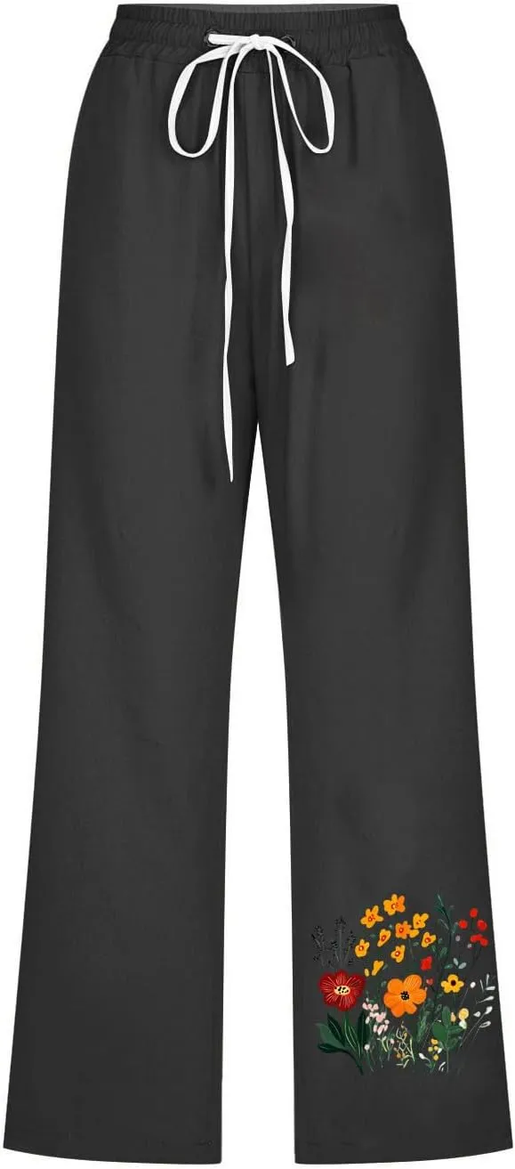 Summer Linen Capri Pants for Women Casual Floral Print Elastic High Waist Pant Straight Leg Cropped Trousers