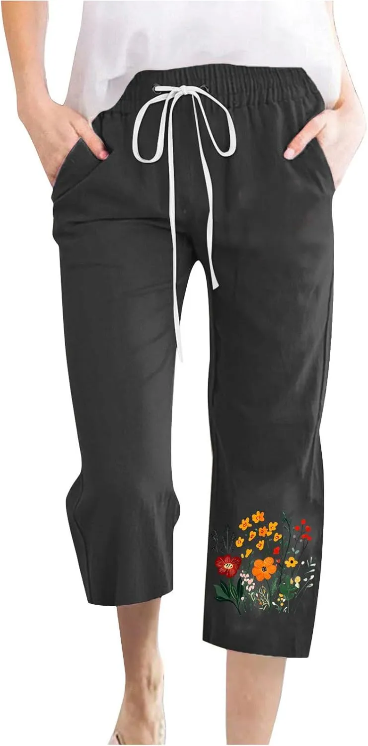 Summer Linen Capri Pants for Women Casual Floral Print Elastic High Waist Pant Straight Leg Cropped Trousers