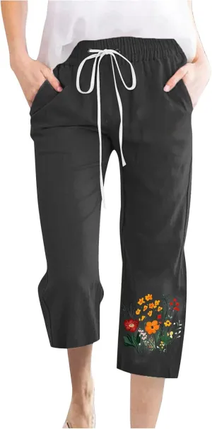 Summer Linen Capri Pants for Women Casual Floral Print Elastic High Waist Pant Straight Leg Cropped Trousers
