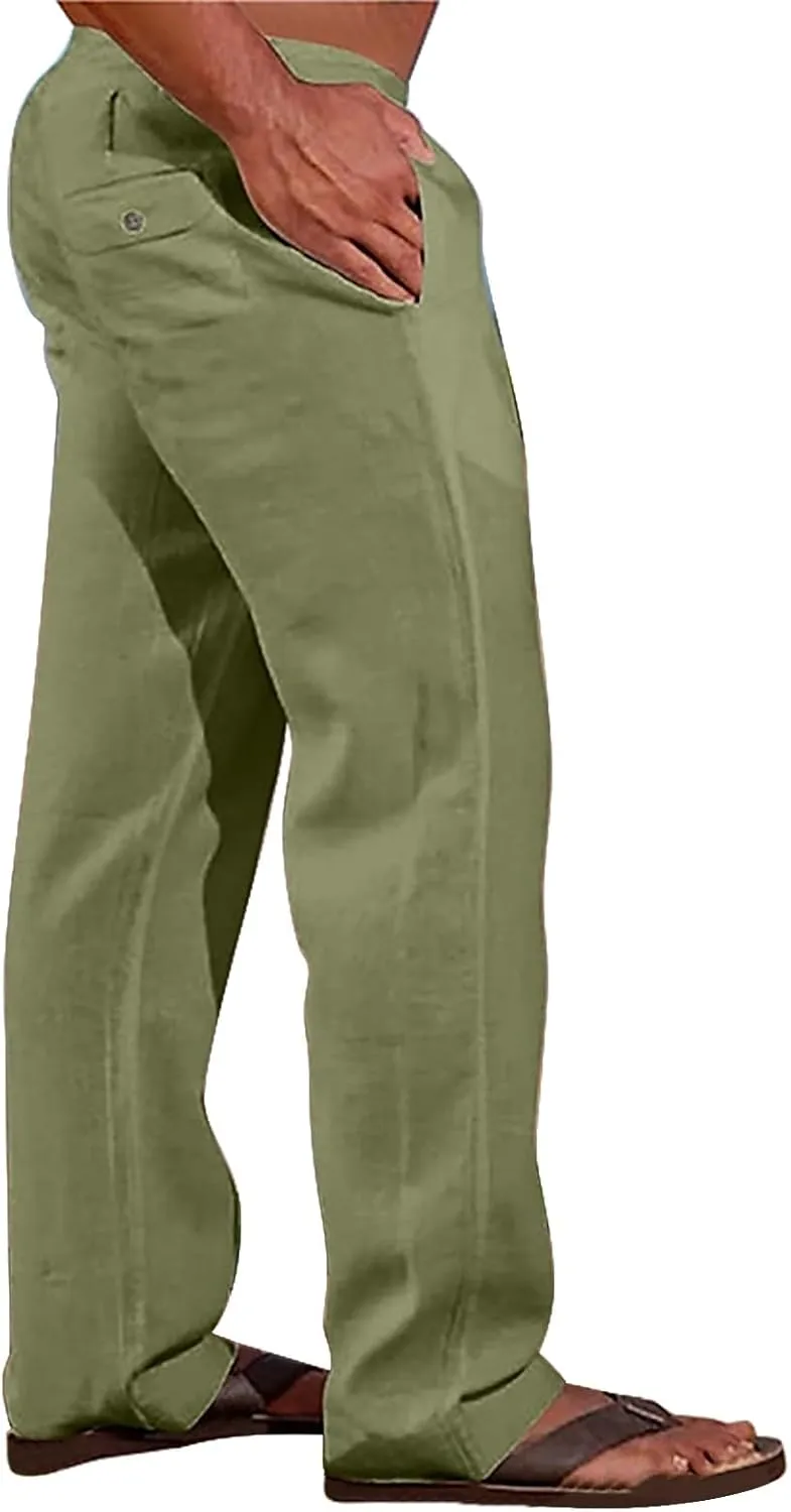 Summer Linen Dressy Pants for Mens Casual Solid Color Business Trousers Lightweight Wide Leg Cargo Sweatpants with Pockets