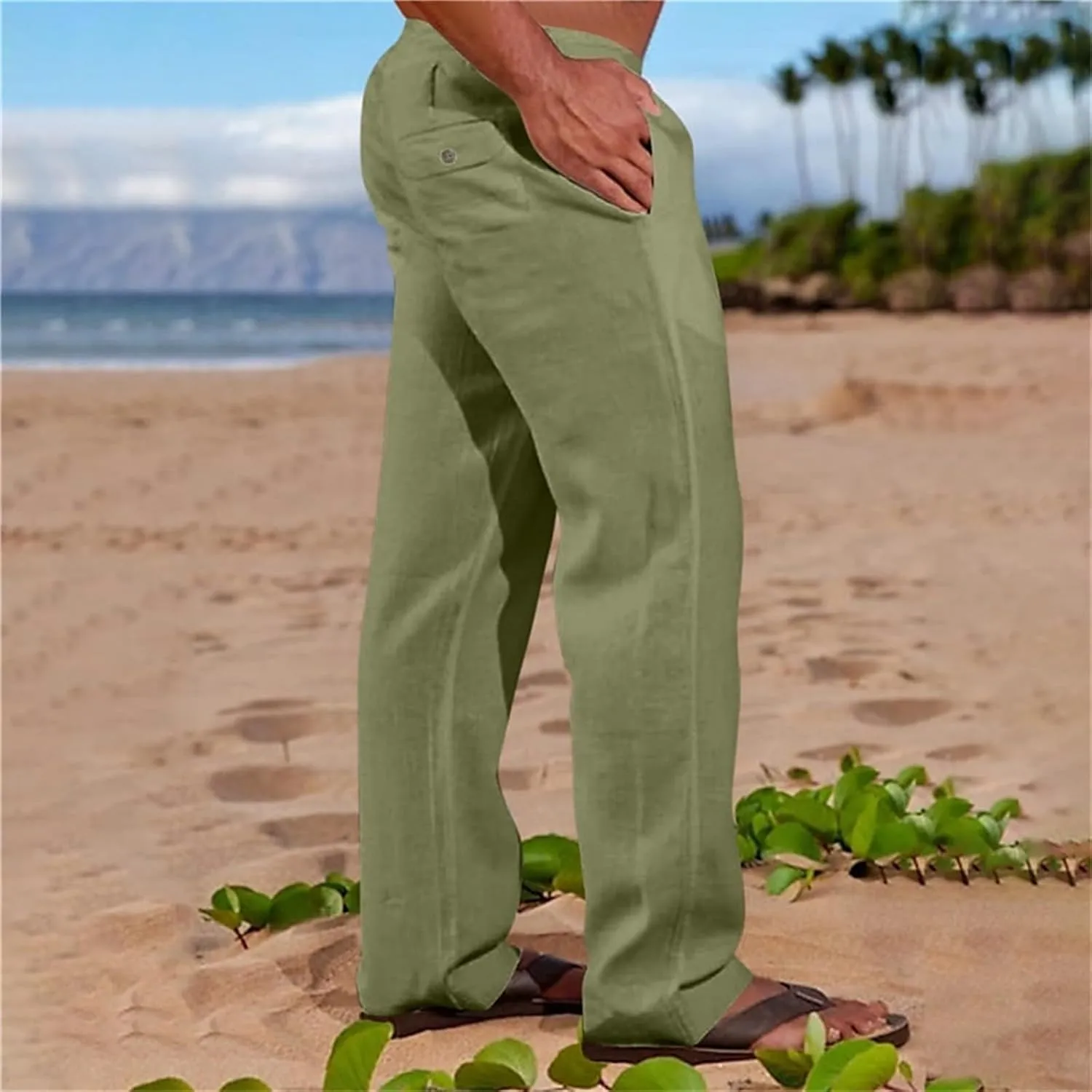 Summer Linen Dressy Pants for Mens Casual Solid Color Business Trousers Lightweight Wide Leg Cargo Sweatpants with Pockets