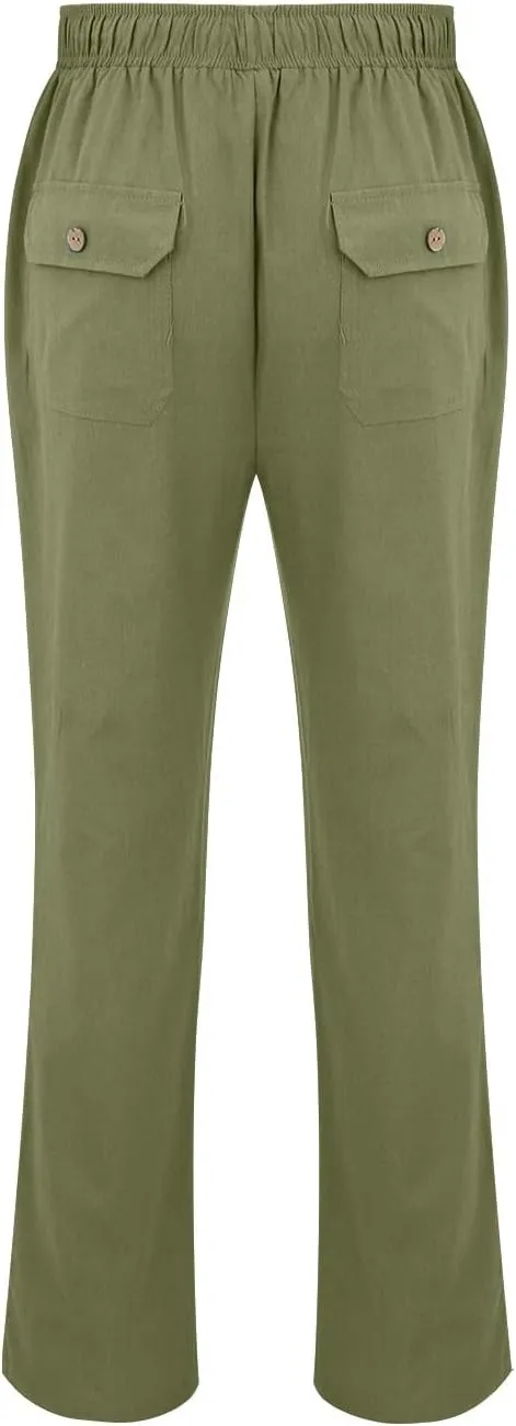 Summer Linen Dressy Pants for Mens Casual Solid Color Business Trousers Lightweight Wide Leg Cargo Sweatpants with Pockets