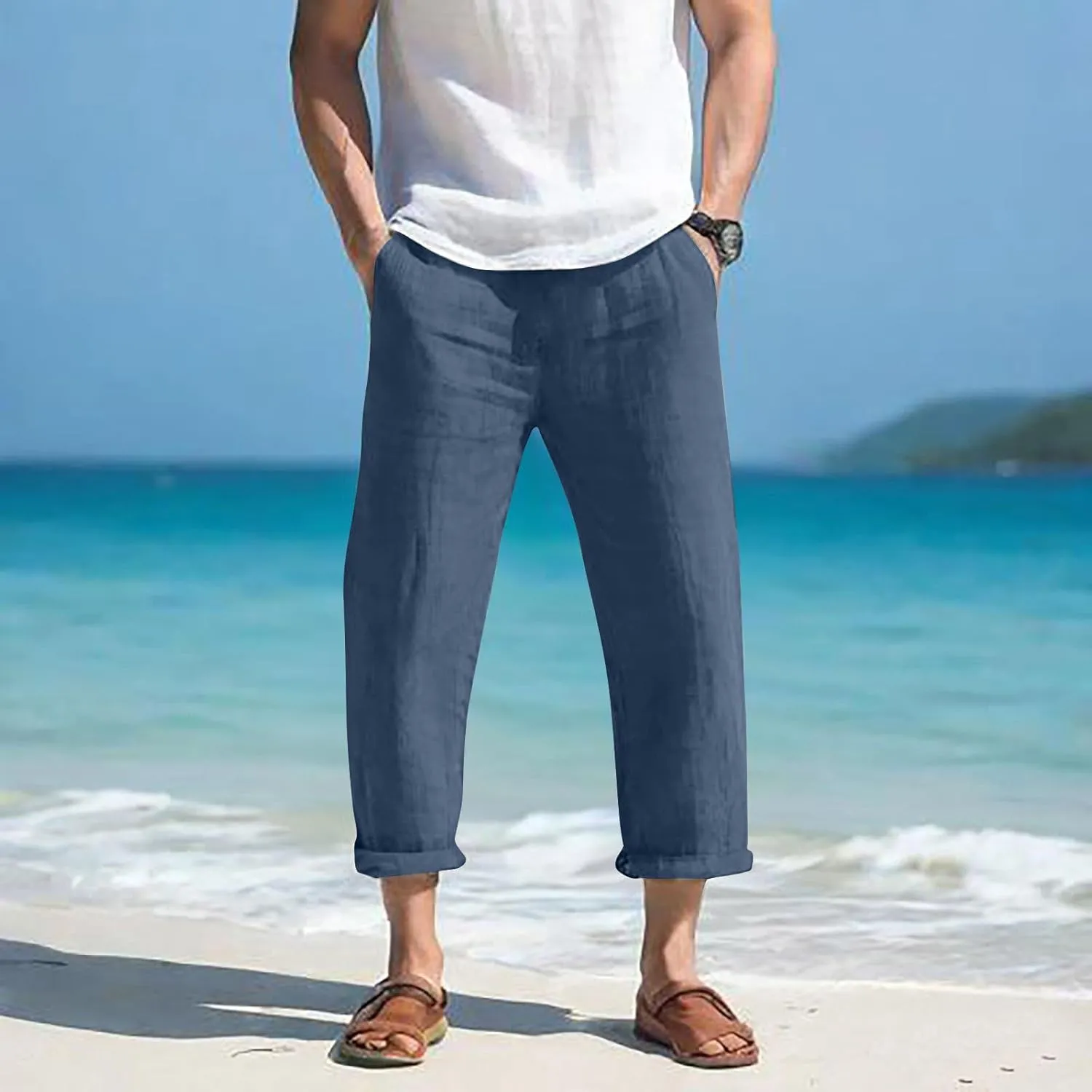Summer Linen Pants for Men Plus Size Wide Leg lastic Waist Lounge Trousers with Pockets Solid Loose Lightweight Pant